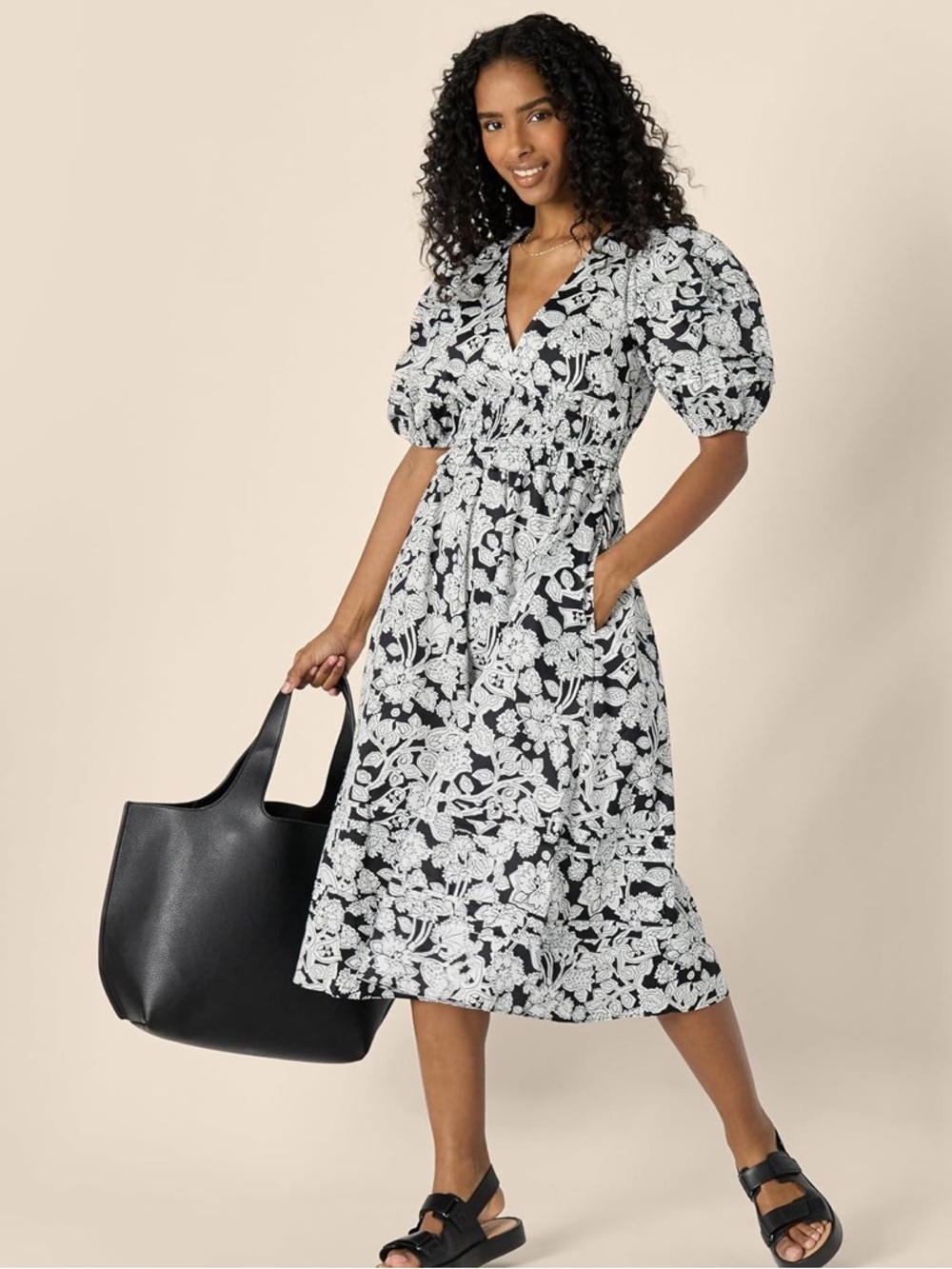 Amazon Essentials Black and White Floral V-Neck Midi Dress with Puff Sleeves